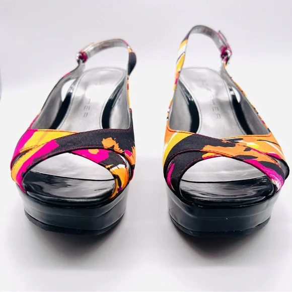 MARC FISHER Platform Peep Toe Wedges Sandals Shoes Multi Color Black Pat… - Picture 6 of 13